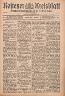 Kostener Kreisblatt: amtliches Ver&ouml;ffentlichungsblatt f&uuml;r den Kreis Kosten 1913.02.04 Jg.48 Nr15
