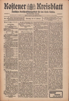 Kostener Kreisblatt: amtliches Ver&ouml;ffentlichungsblatt f&uuml;r den Kreis Kosten 1914.02.17 Jg.49 Nr21
