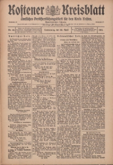 Kostener Kreisblatt: amtliches Ver&ouml;ffentlichungsblatt f&uuml;r den Kreis Kosten 1914.04.30 Jg.49 Nr52