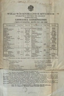 Wykaz w&oacute;d mineralnych sztucznych wyrabianych w Instytucie W&oacute;d Lekarskich magistra farmacyi Leonarda Ziemińskiego ...
