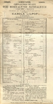 Cennik centralnego składu w&oacute;d mineralnych naturalnych i produkt&oacute;w z takowych wprost ze źr&oacute;deł sprowadzanych przy aptece Karola Lilpop w Warszawie