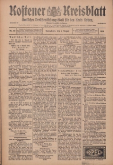 Kostener Kreisblatt: amtliches Ver&ouml;ffentlichungsblatt f&uuml;r den Kreis Kosten 1914.08.01 Jg.49 Nr92