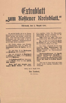 Kostener Kreisblatt: amtliches Ver&ouml;ffentlichungsblatt f&uuml;r den Kreis Kosten 1914.08.05 Jg.49 Extrablatt zum ,,Kostener Kreisblatt"