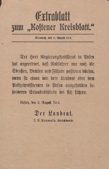 Kostener Kreisblatt: amtliches Ver&ouml;ffentlichungsblatt f&uuml;r den Kreis Kosten 1914.08.05 Jg.49 Extrablatt zum ,,Kostener Kreisblatt"