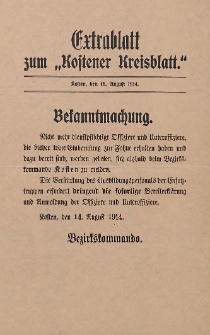 Kostener Kreisblatt: amtliches Ver&ouml;ffentlichungsblatt f&uuml;r den Kreis Kosten 1914.08.15 Jg.49 Extrablatt zum ,,Kostener Kreisblatt"