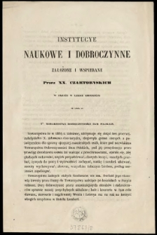 Instytucje naukowe i dobroczynne załozone i wspierane przez XX. Czartoryskich w Paryżu w czasie Emigracyi