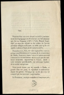 [Adresse &agrave; S. M. l'Emp&eacute;reur Napoleon III. Inc.:] Sire, Plusieurs fois vous avez daign&eacute; accueillir gracieusement les t&eacute;moignages de d&eacute;vouement et d'attachement que j'ai eu l'honneur d'offrir ...