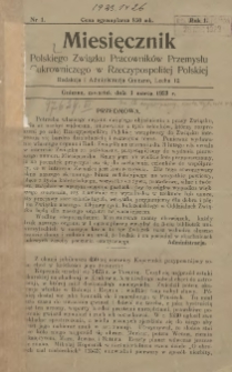 Miesięcznik Polskiego Związku Pracownik&oacute;w Przemysłu Cukrowniczego w Rzeczypospolitej Polskiej 1923.03.01 R.1 Nr1