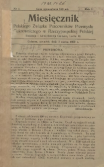 Miesięcznik Polskiego Związku Pracowników Przemysłu Cukrowniczego w Rzeczypospolitej Polskiej 1923.03.01 R.1 Nr1