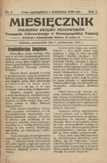 Miesięcznik Polskiego Związku Pracownik&oacute;w Przemysłu Cukrowniczego w Rzeczypospolitej Polskiej 1923.10.01 R.1 Nr8