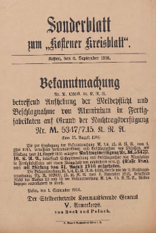 Sonderblatt zum ,,Kostener Kreisblatt''1916.09.06