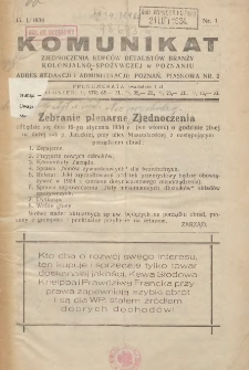 Komunikat Zjednoczenia Kupców Detalistów Branży Kolonjalno-Spożywczej w Poznaniu 1934.01.15 Nr1