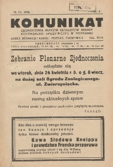 Komunikat Zjednoczenia Kupców Detalistów Branży Kolonjalno-Spożywczej w Poznaniu 1934.04.15 Nr4
