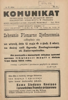 Komunikat Zjednoczenia Kupców Detalistów Branży Kolonjalno-Spożywczej w Poznaniu 1934.05.15 Nr5