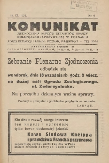 Komunikat Zjednoczenia Kupców Detalistów Branży Kolonjalno-Spożywczej w Poznaniu 1934.09.15 Nr9