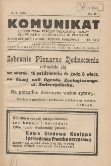Komunikat Zjednoczenia Kupców Detalistów Branży Kolonjalno-Spożywczej w Poznaniu 1934.10.15 Nr10