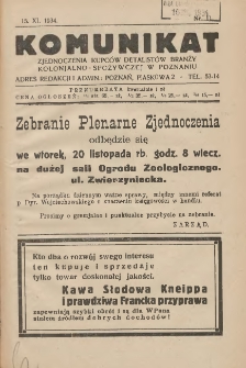 Komunikat Zjednoczenia Kupców Detalistów Branży Kolonjalno-Spożywczej w Poznaniu 1934.11.15 Nr11