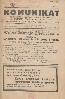 Komunikat Zjednoczenia Kupców Detalistów Branży Kolonjalno-Spożywczej w Poznaniu 1935.01.20 Nr1
