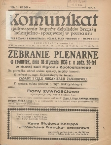 Komunikat Zjednoczenia Kupców Detalistów Branży Kolonjalno-Spożywczej w Poznaniu 1936.01.15 Nr1