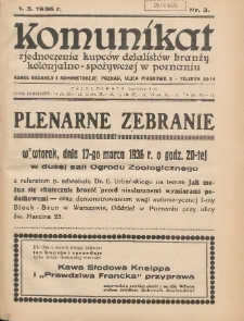 Komunikat Zjednoczenia Kupców Detalistów Branży Kolonjalno-Spożywczej w Poznaniu 1936.03.01 Nr3