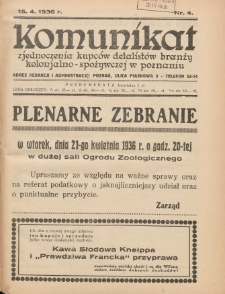 Komunikat Zjednoczenia Kupców Detalistów Branży Kolonjalno-Spożywczej w Poznaniu 1936.04.15 Nr4