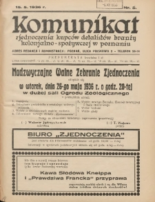 Komunikat Zjednoczenia Kupców Detalistów Branży Kolonjalno-Spożywczej w Poznaniu 1936.05.15 Nr5