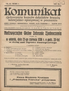 Komunikat Zjednoczenia Kupców Detalistów Branży Kolonjalno-Spożywczej w Poznaniu 1936.06.15 Nr6