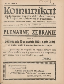 Komunikat Zjednoczenia Kupców Detalistów Branży Kolonjalno-Spożywczej w Poznaniu 1936.09.15 Nr9