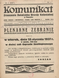 Komunikat Zjednoczenia Detalistów Branży Kolonialnej w Poznaniu 1938.01.15 Nr1