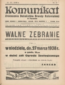 Komunikat Zjednoczenia Detalistów Branży Kolonialnej w Poznaniu 1938.03.15 Nr3