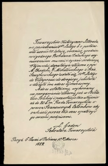 [List Inc.:] "Towarzystwo Historyczno Literackie na posiedzeniu 5go lutego b. r. postanowiło uczcić 80 letnią rocznicę urodzin czcigodnego Bohdana Zaleskiego wynurzeniem mu czci i życzeń serdecznych..."