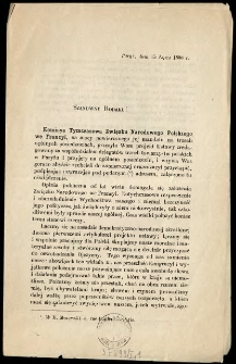 Szanowny Rodaku ! [Inc.: Komisya Tymczasowa Związku Narodowego Polskiego we Francyi, na mocy powierzonego jej mandatu na trzech og&oacute;lnych posiedzeniach, przesyła Wam projekt Ustawy ... ]