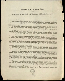 Discours de M. le Comte Plater prononcé à Neuchâtel le 1er Mars 1866, le 17 Anniversaire de l'Emancipation cantonale