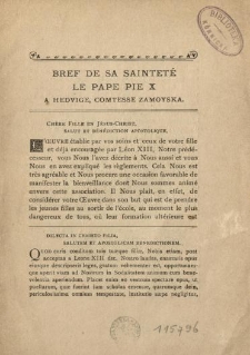 Bref de sa saintet&eacute; le Pape Pie X a Hedvige, comtesse Zamoyska