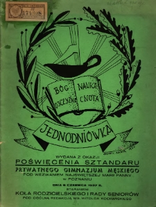 Jednodni&oacute;wka wydana z okazji poświęcenia sztandaru Prywatnego Gimnazjum Męskiego pod wezwaniem Najświętszej Marii Panny w Poznaniu dnia 6 czerwca 1937 roku staraniem Koła Rodzicielskiego i Rady Senior&oacute;w