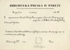 [Rewers Inc.:] "Biblioteka Polska w Paryżu [...] Z upoważnienia Członka Rady Towarzystwa Literacko Historycznego ..."