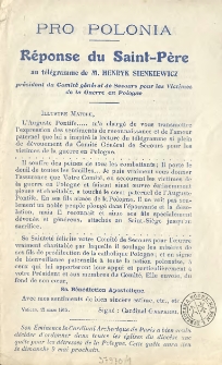 R&eacute;ponse du Saint-P&egrave;re au t&eacute;l&eacute;gramme de M. Henryk Sienkiewicz