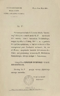 [Zaproszenie Inc.:] "Sz. P. Stowarzyszenie byłych Uczni&oacute;w Szkoły Narodowej Polskiej ma zaszczyt prosić Sz. P na obch&oacute;d 50ej rocznicy śmierci Kazimierza Brodzińskiego..."