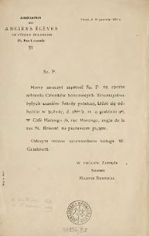 [Zaproszenie Inc.:] "Sz. P. Mamy zaszczyt zaprosić Sz. P. na roczne zebranie Członków honorowych Towarzystwa ..."