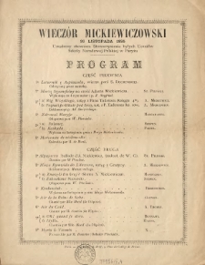 Wiecz&oacute;r Mickiewiczowski 26 listopada 1885 urządzony staraniem Stowarzyszenia Byłych Uczni&oacute;w Szkoły Narodowej Polskiej w Paryżu. Program