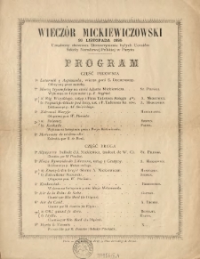 Wieczór Mickiewiczowski 26 listopada 1885 urządzony staraniem Stowarzyszenia Byłych Uczniów Szkoły Narodowej Polskiej w Paryżu. Program