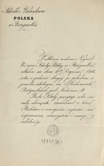 [Zaproszenie Inc.:] " Publiczne rozdanie Nagr&oacute;d Uczniom Szkoły Polskiej w Batignolles odbędzie się dnia 10 sierpnia 1864 ..."