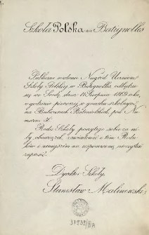 [Zaproszenie Inc.:] " Publiczne rozdanie Nagr&oacute;d Uczniom Szkoły Polskiej w Batignolles odbędzie się we środę dnia 11 sierpnia 1869 roku ..."