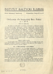Ordynacja dla kaperskiej floty Polski z r. 1571. Uwagi og&oacute;lne