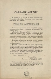 [Zawiadomienie Inc.:] "W grudniu b. r. wyszło z domu macierzystego Towarzystwa Boskiego Zbawiciela nowe ilustrowane czasopismo pod tytułem : Posłaniec Salwatoryański ..."