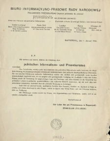 [Zawiadomienie Inc.:] "P.P. Wir beehren uns hiermit , h&ouml;flichst die Gr&uuml;ndung eines polnischen Informations - und Pressbureaus ..."