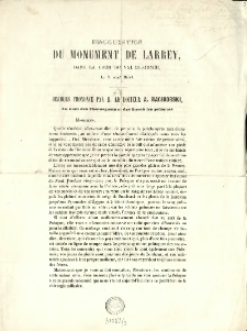 Inauguration du monument de Larrey dans la cour du Val-de-Gr&acirc;ce, le 8 ao&ucirc;t 1850 : discours prononc&eacute; par M. le docteur A. Raciborski au nom des Chirurgiens et des Invalides polonais