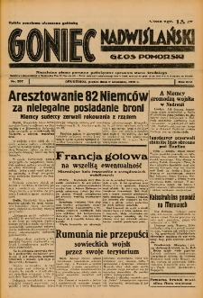 Goniec Nadwiślański: Głos Pomorski: Niezależne pismo poranne, poświęcone sprawom stanu średniego 1938.09.09 R.14 Nr207