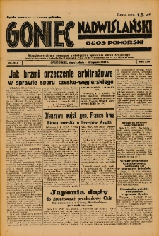 Goniec Nadwiślański: Głos Pomorski: Niezależne pismo poranne, poświęcone sprawom stanu średniego 1938.11.04 R.14 Nr254