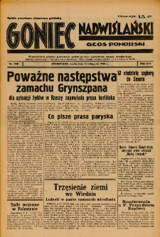 Goniec Nadwiślański: Głos Pomorski: Niezależne pismo poranne, poświęcone sprawom stanu średniego 1938.11.09 R.14 Nr258